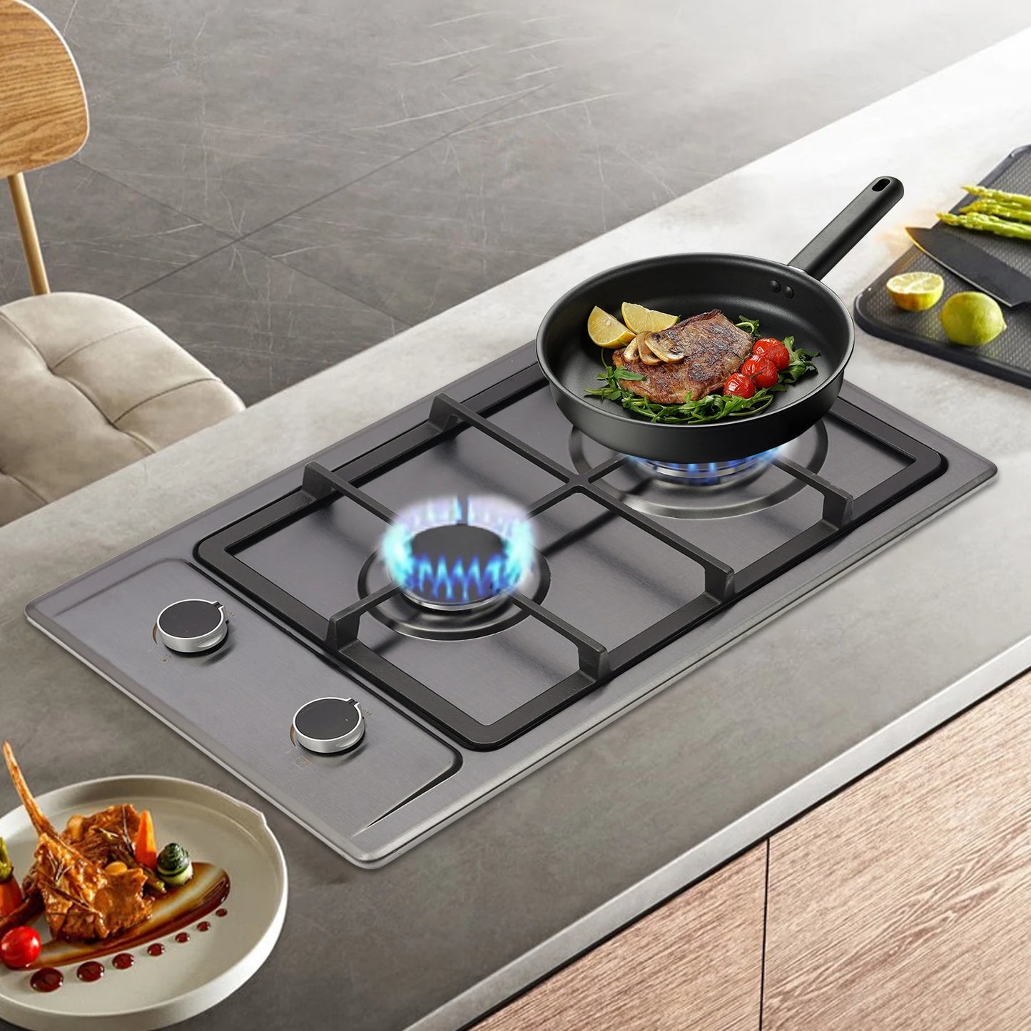 2-Burner Stainless Steel Gas Hob 3KW+1.75KW Portable Gas Stove Countertop/Flush Mounted 51*31*10cm
