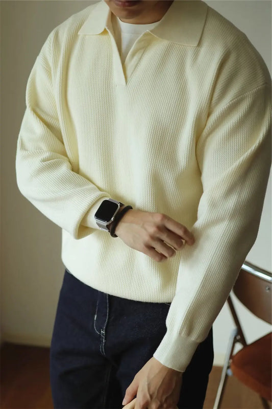 Fashion Solid Color Men Polo Kint Shirt Autumn Long Sleeve Turn-down V-neck Sweater Casual Jumper Tops Men's Knitwear Clothing