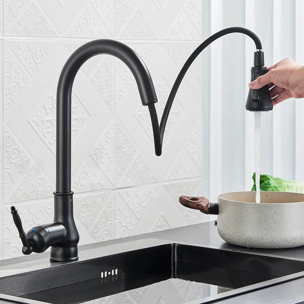 Rozin Antique Brass Kitchen Faucet Pull Out Spout Kitchen Faucets Black Single Hole Swivel Hot Cold Water Kitchen Mixer Tap