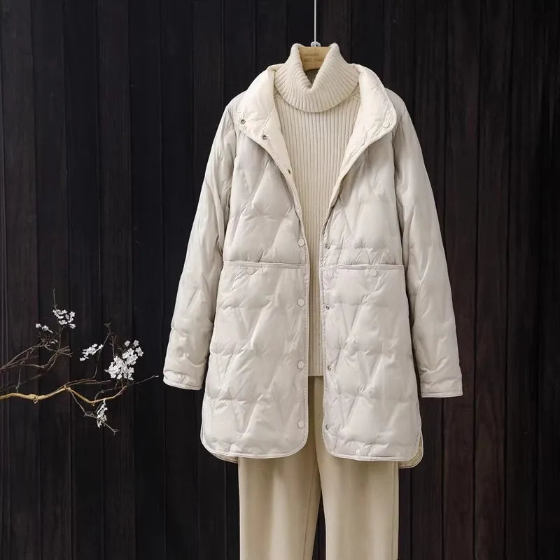 2024 New Autumn Winter Women Ultralight Long White Duck Down Jacket Female Single-Breasted Double Sided Puffer Jacket Women