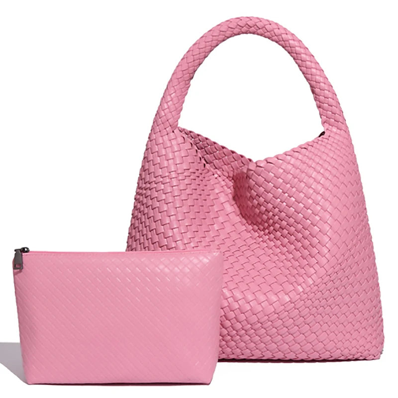 Woven Tote Bag for Women Large Woven Handbag Soft Leather Shoulder Bag Work Shopper Summer Beach Travel Tote Bag with Purse