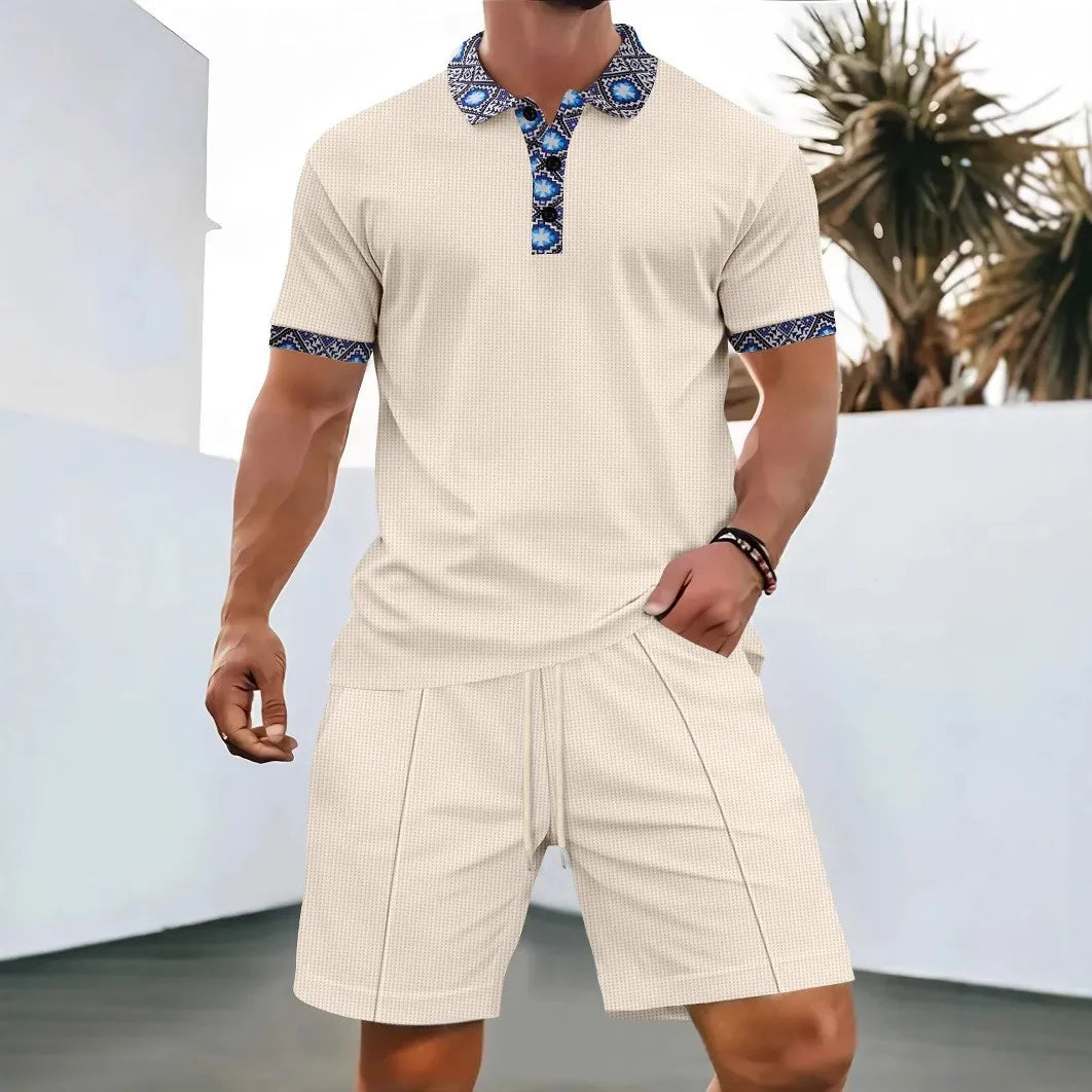 2026 Men Europe and the United States new summer Waffle solid color zip-up lapel short-sleeve suit shorts two sets