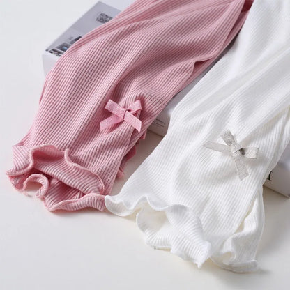 Summer 2026 kids Cropped Leggings Baby Girls Vintage Stripes Elastic Slim Lace cuffs Pants Leggings High Waist Girls Clothing