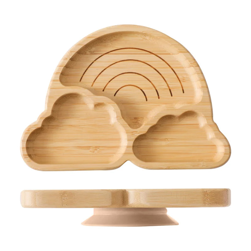 Baby Wooden Tableware Set Wooden Handle Fork Spoon Could Bamboo Wooden Plate Bowl Silicone Suction for Children Feeding Supplies