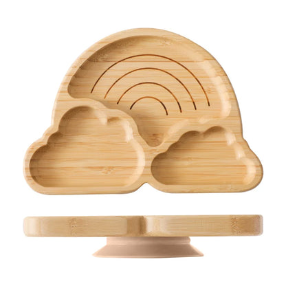 Baby Wooden Tableware Set Wooden Handle Fork Spoon Could Bamboo Wooden Plate Bowl Silicone Suction for Children Feeding Supplies