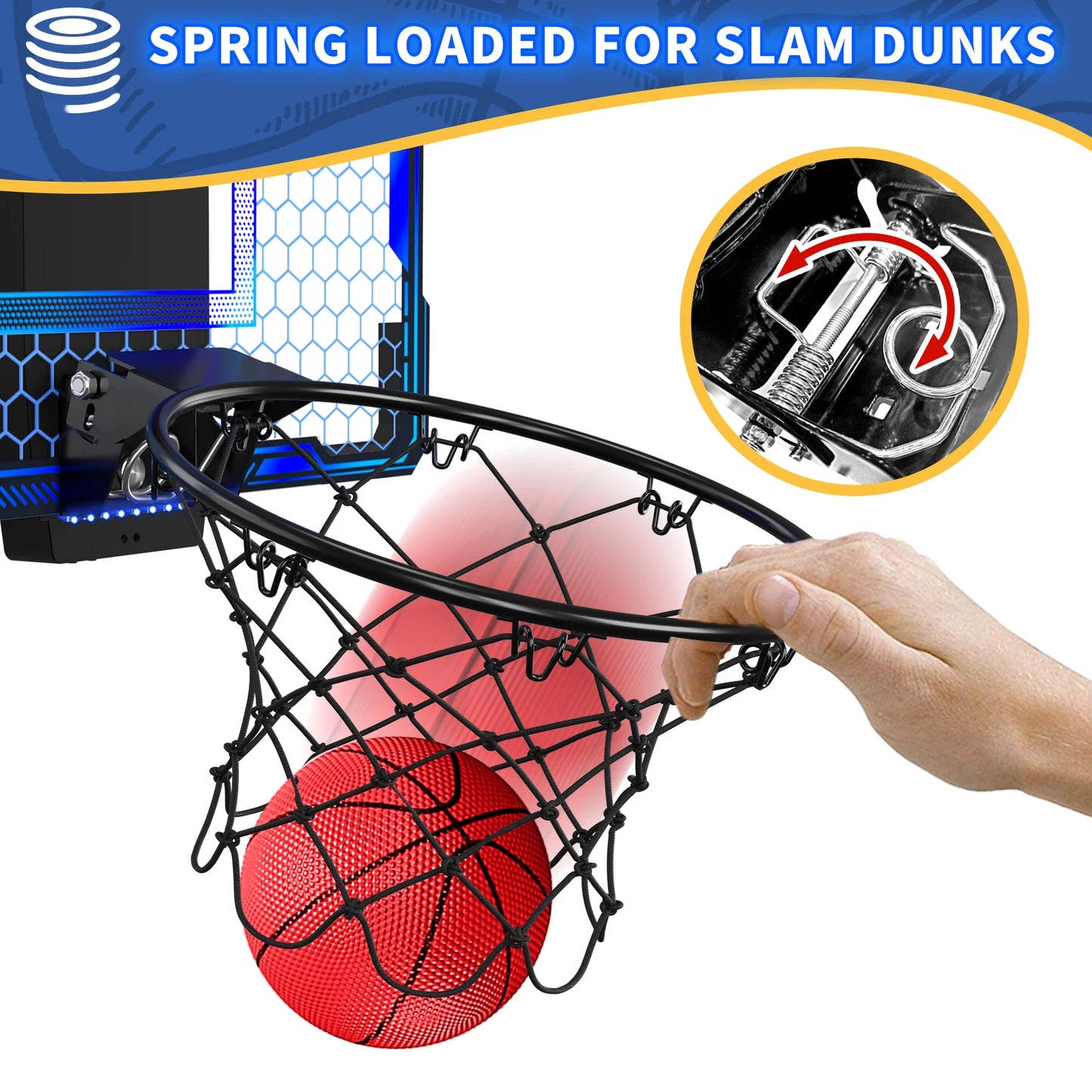 Basketball Hoop Indoor, Mini Basketball Hoop with 7 LED Lighting, Scoreboard, Over Door Basketball Hoop with 3 Modes, Volume Adjustable, Foldable, Basketball Toys for Kids,Birthday Halloween Christmas Gift