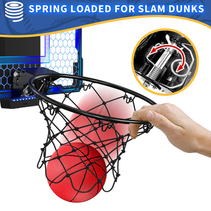 Basketball Hoop Indoor, Mini Basketball Hoop with 7 LED Lighting, Scoreboard, Over Door Basketball Hoop with 3 Modes, Volume Adjustable, Foldable, Basketball Toys for Kids,Birthday Halloween Christmas Gift