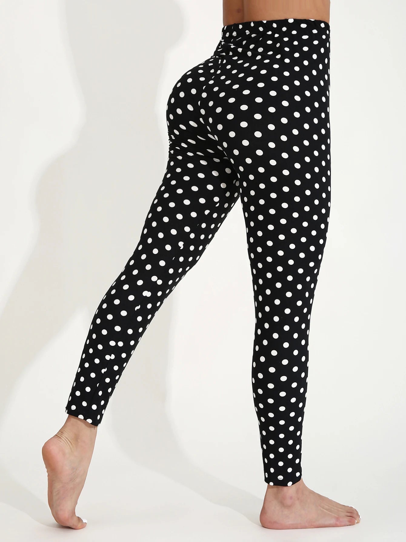 Four Seasons European  American Casual Women's Black Leggings  High Stretch Tight Pants White Polka Dot Pattern Cropped Pants