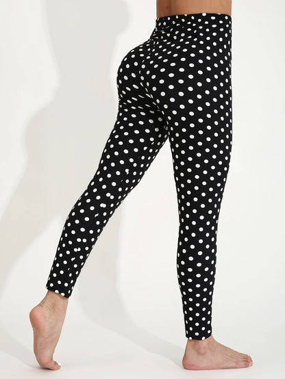 Four Seasons European  American Casual Women's Black Leggings  High Stretch Tight Pants White Polka Dot Pattern Cropped Pants