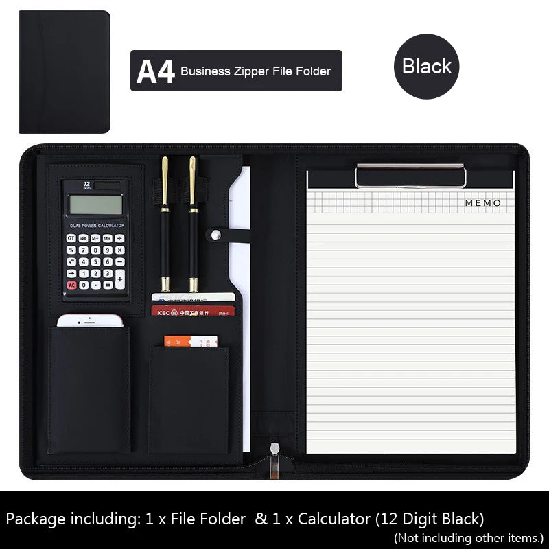 Executive Business A4 Leather Portfolio Folder Clipboard for Zippered Desk Organizer Document Briefcase Calculator for Office