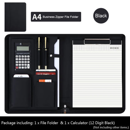 Executive Business A4 Leather Portfolio Folder Clipboard for Zippered Desk Organizer Document Briefcase Calculator for Office