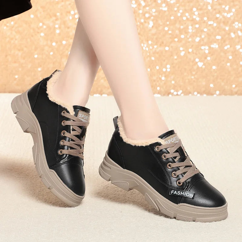 Spring Non-slip Soft Leather Sneaker Trekking Footwear New Women's Thick-soled Lace-up Leisure Skateboard Sports Shoes