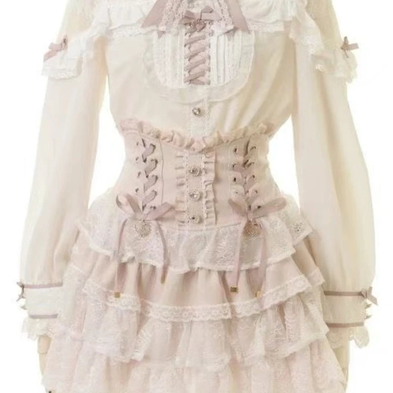 Japanese Sweet Lolita Style Mini Skirt Women Retro Elegant Lace Bandage Party Cake Skirts Female Gothic Y2k Metal Buckle Skirts