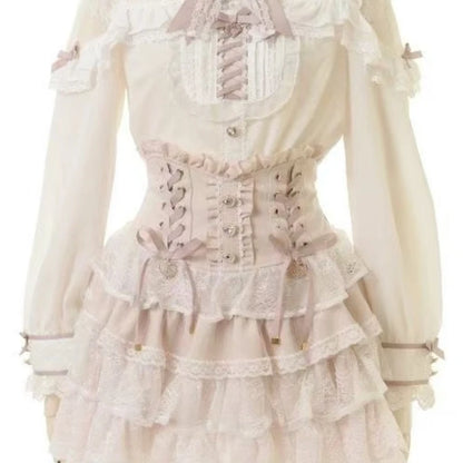 Japanese Sweet Lolita Style Mini Skirt Women Retro Elegant Lace Bandage Party Cake Skirts Female Gothic Y2k Metal Buckle Skirts