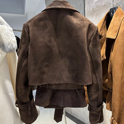 YOLOAgain 2025 Autumn Elegant Real Leather Jacket Coat Women Oversized Leather Jacket With Belt
