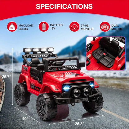 HAUSPROFI 12V Off-Road Ride-On Electric Car Toys for 3+ Years,With LED Lights,Remote Control,Seat Belt ,Bluetooth, 3-Speeds, Suspension