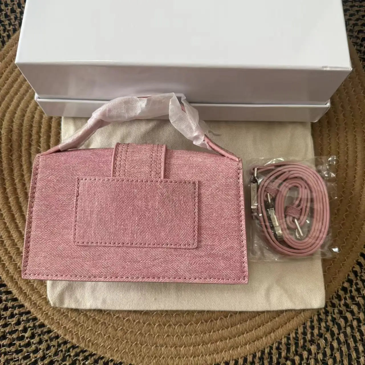 Women Denim Textured Mini Baguette Bag Thin Short Top Handle Detachable Adjustable Crossbody Strap Flap Purse