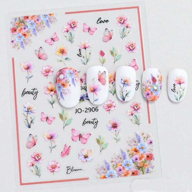 3d Nail Art Decals Spring Booming Violets Lavenders Purple Blue Pink Flowers Butterflys Stickers Decoration For Nail Tips Beauty