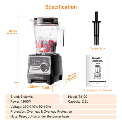 BioloMix 1500W Professional Blender With 2.6L BPA Free Jar With 6 Blades, 7 Preset Program for Smoothies, Shakes, Nut Milk
