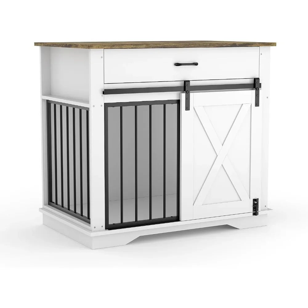 Garvee Modern Farmhouse Wooden Dog Crate Furniture, Double Sliding Door Pet Kennel End Table with Two Storage Drawers, Indoor Decorative Dog Cage, Easy Assembly for Small & Medium Dogs