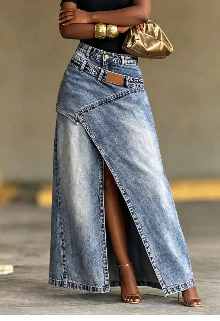 Fashion Distressed Wash Retro Denim Maxi Skirt Women's High Waist Asymmetric Wrap Front Slit Decor Stitching Long Jean Skirt New