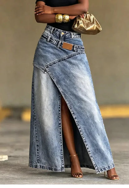 Fashion Distressed Wash Retro Denim Maxi Skirt Women's High Waist Asymmetric Wrap Front Slit Decor Stitching Long Jean Skirt New