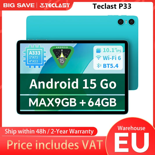 Teclast P33 Android 15 Tablet, 10.1 inches, (3GB+6GB)9GB RAM, 64GB ROM, A333, 5 cores, 1280x800 IPS, 6000 mAh, type-c