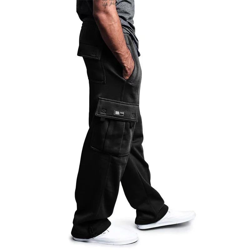 Autumn Winter Fashion Men's Casual Sports Pants Solid Color Multi-Pocket Straight Leg Trousers Loose Large Size Men Cargo Pants