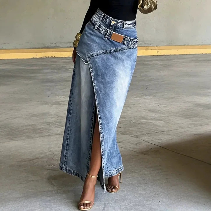 Fashion Distressed Wash Retro Denim Maxi Skirt Women's High Waist Asymmetric Wrap Front Slit Decor Stitching Long Jean Skirt New