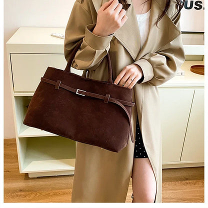 Vintage Satin-Leather Tote Bag – Casual Style with Buckle Closure, Large Capacity for Commuting & Everyday Shoulder Carry