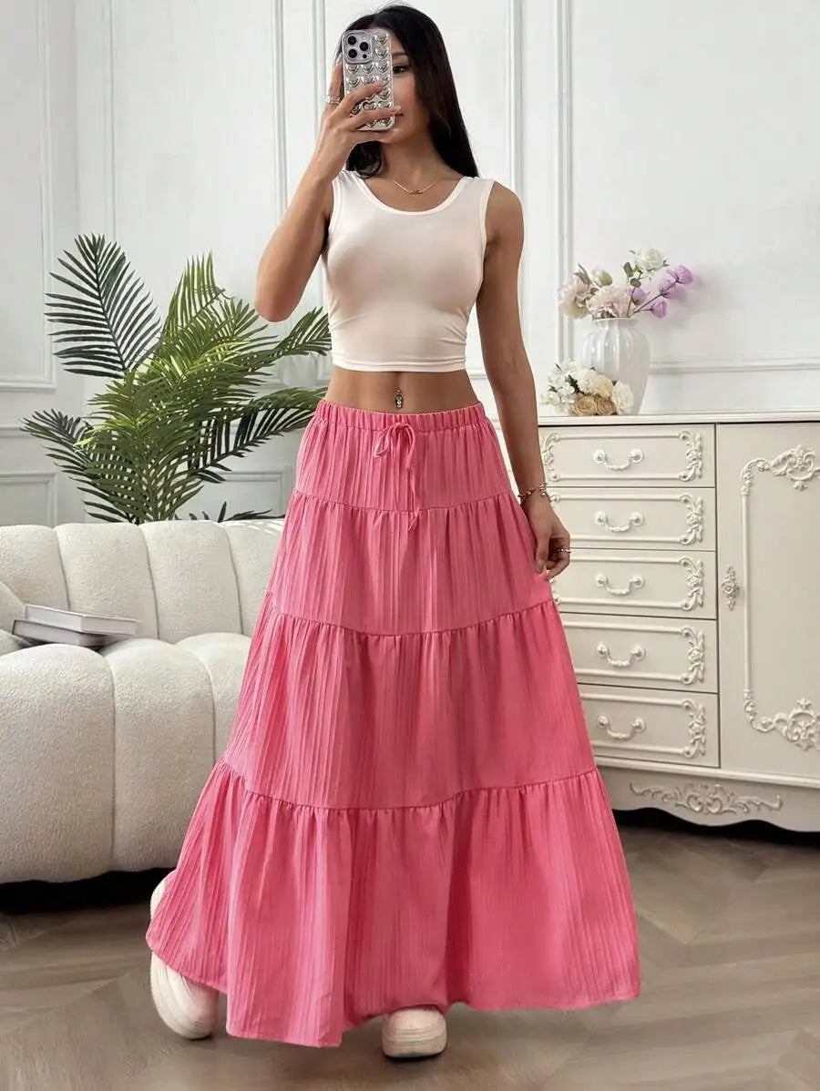 European and American Cross-Border New Style Wish Spring and Summer Women's Skirts, Tie-Strap Spliced Flared Skirts, Loose Long