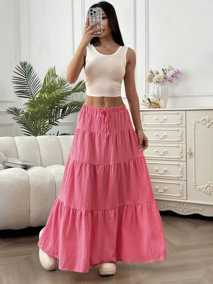 European and American Cross-Border New Style Wish Spring and Summer Women's Skirts, Tie-Strap Spliced Flared Skirts, Loose Long