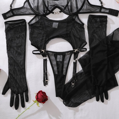 Sexy Mesh Breathable Lingerie Stockings Women's Shaping Ultra-thin Split Underwear Set Female Solid See Through Bra & Brief Sets