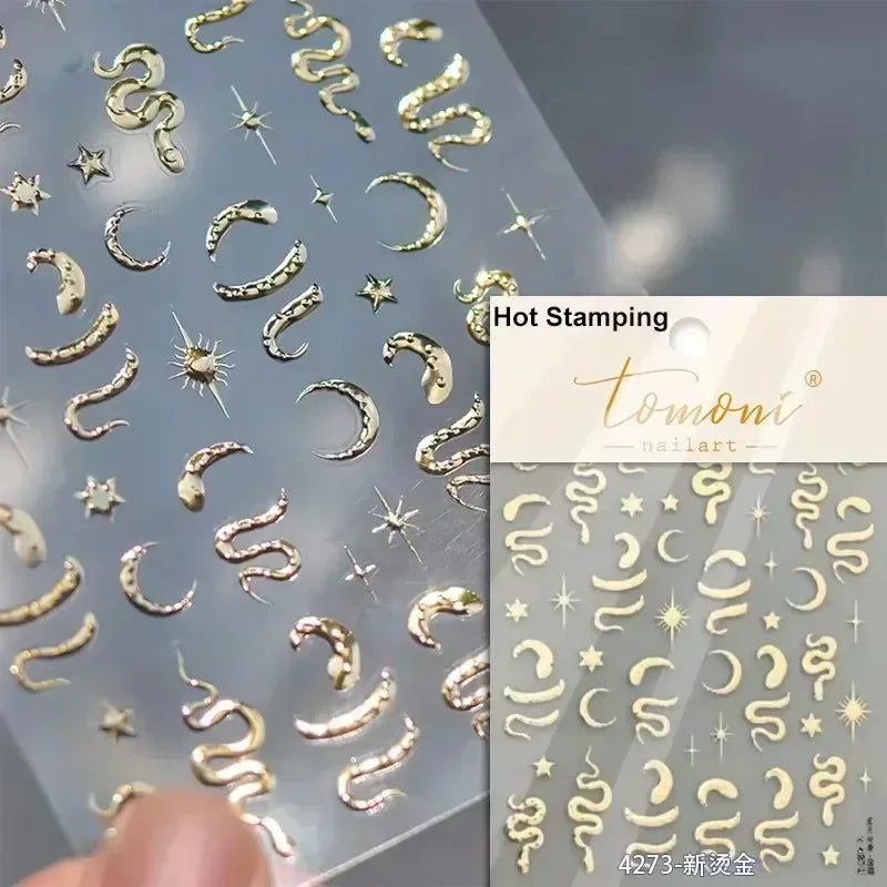 5D Gold Stamped Silver Sun Stars Snake Nail Art Stickers Totems Reliefs Self Adhesive Dark Chinese Style Manicure Decals