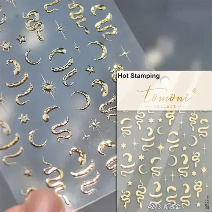 5D Gold Stamped Silver Sun Stars Snake Nail Art Stickers Totems Reliefs Self Adhesive Dark Chinese Style Manicure Decals