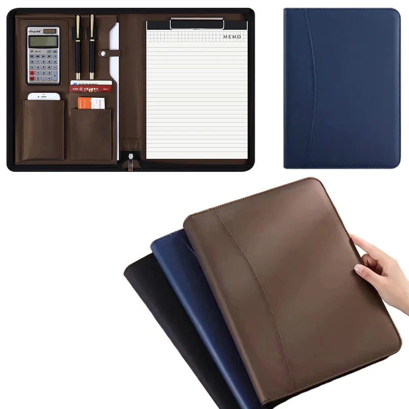 Executive Business A4 Leather Portfolio Folder Clipboard for Zippered Desk Organizer Document Briefcase Calculator for Office