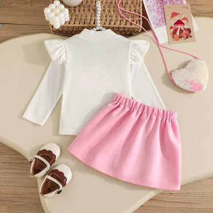 0-3Y Baby Girl Outfit Set 2pcs Puffy Sleeve Heart Shape Top and Corduroy Skirts Valentines Day Sweet Toddler Kids Clothes Girls