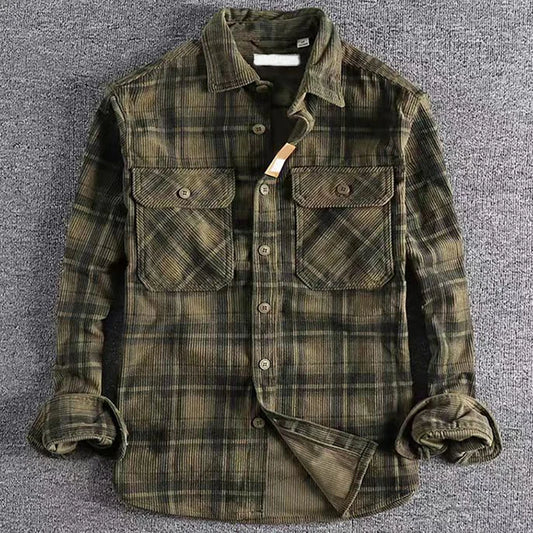 Japanese Vintage Men's Plaid Long Sleeve Shirt Spring Autumn Fashion Comfortable Corduroy Artistic Trendy Classic Shirts Tops