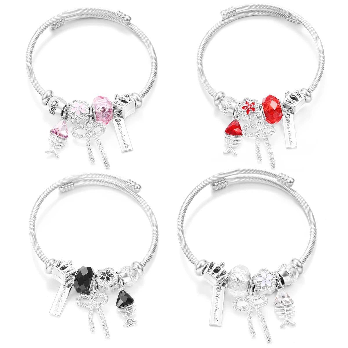 New Trendy Rhinestones Dragonfly Crystal Beaded Pendant Bracelet Stainless Steel 4 Colors Closure Bangles Women Bracelet Jewelry