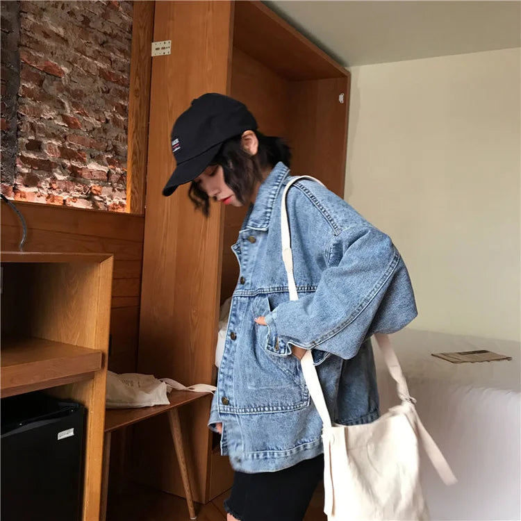 Denim Jacket Women's Spring Autumn New High Street Jeans Coat Oversize Loose Basic Jackets Simple Versatile Lapel Outerwear