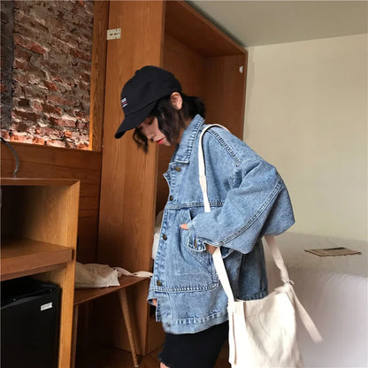Denim Jacket Women's Spring Autumn New High Street Jeans Coat Oversize Loose Basic Jackets Simple Versatile Lapel Outerwear