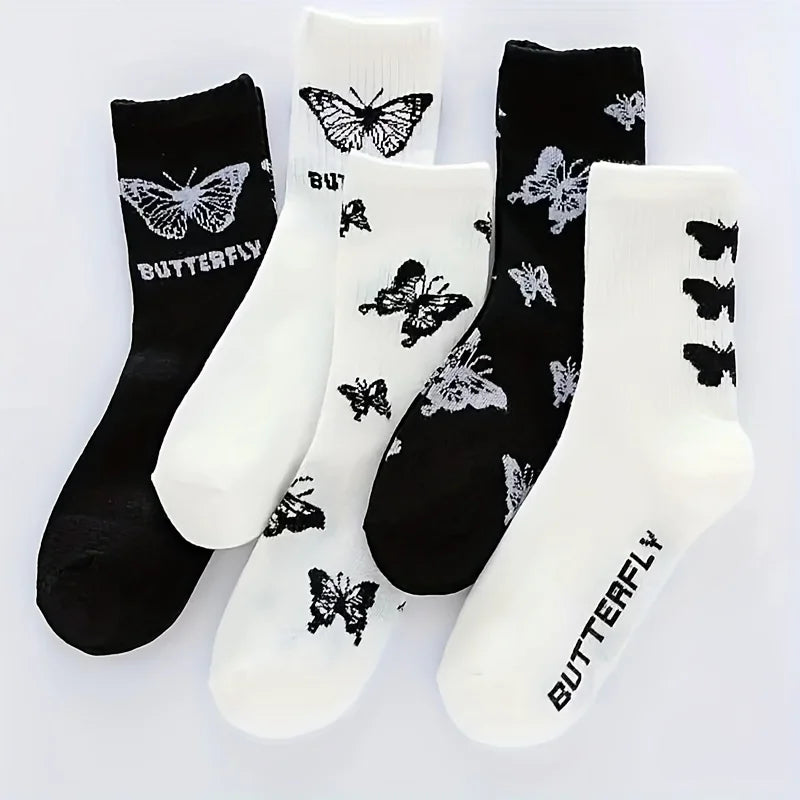 3/6/7 Pairs of Women Mid Length Stockings Set in Black And White With Butterfly Pattern Popular and versatile Sweat Absorption