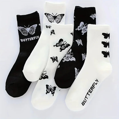 3/6/7 Pairs of Women Mid Length Stockings Set in Black And White With Butterfly Pattern Popular and versatile Sweat Absorption