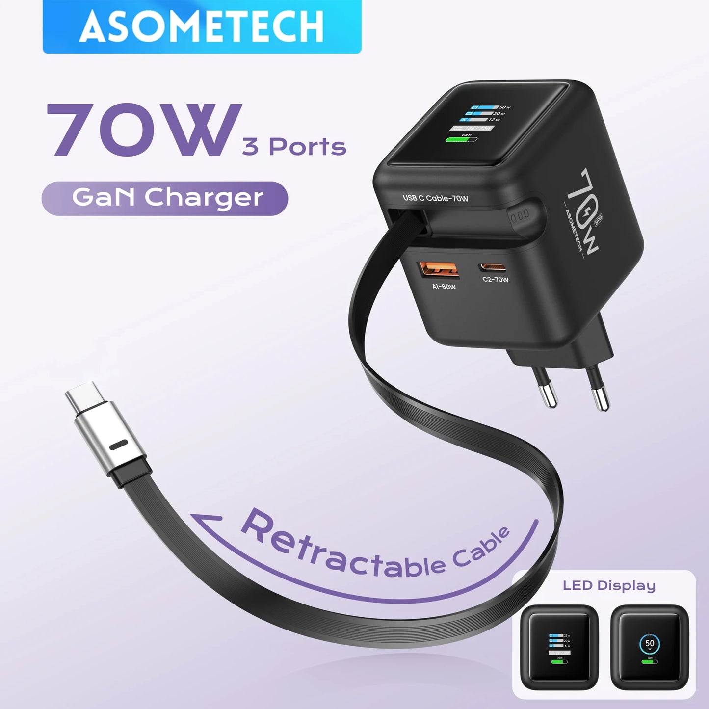 70W GaN Fast Charger with Type-C Retractable Cable 3 IN 1 PD3.0 QC4.0 PPS Fast Charging for IPhone 16 15 14 Xiaomi Tablet Laptop