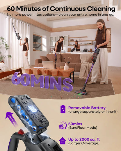 Erabros EV3 Cordless Vacuum Cleaner 500w 60Kpa Suction Power 60mins Cordless Vacuum Handheld Smart Home Dust Mug 3 Suction Model