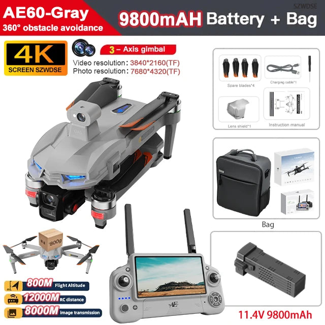 AE60 GPS Drone Profesional 8K HD Camera 3-axis Gimbal Aerial Brushless Motors 20KM Obstacle Avoidance FPV Airdrop Fishing Drone