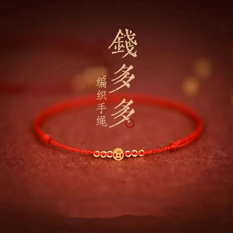 Hand Braided Red Rope Bracelet Copper Lucky Bead Hand Rope Couple Bracelet Simple Buckle Ethnic Original Female Accessory