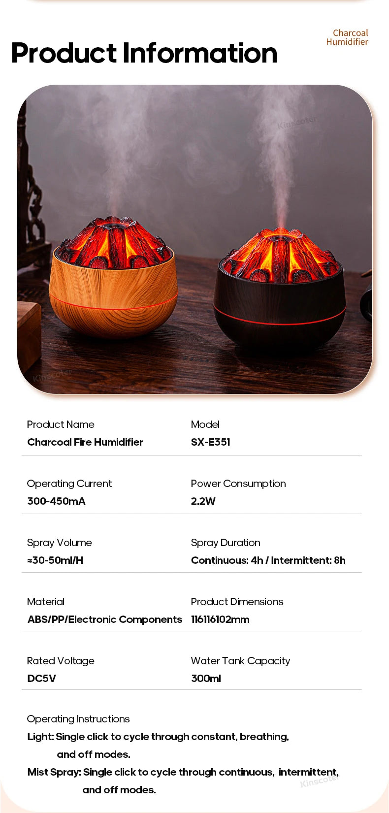 Simulated Campfire Air Humidifier Woodstove Fireplace Water Mist Diffuser Classic Woodgrain USB Ultra Sonic Mist Sprayer