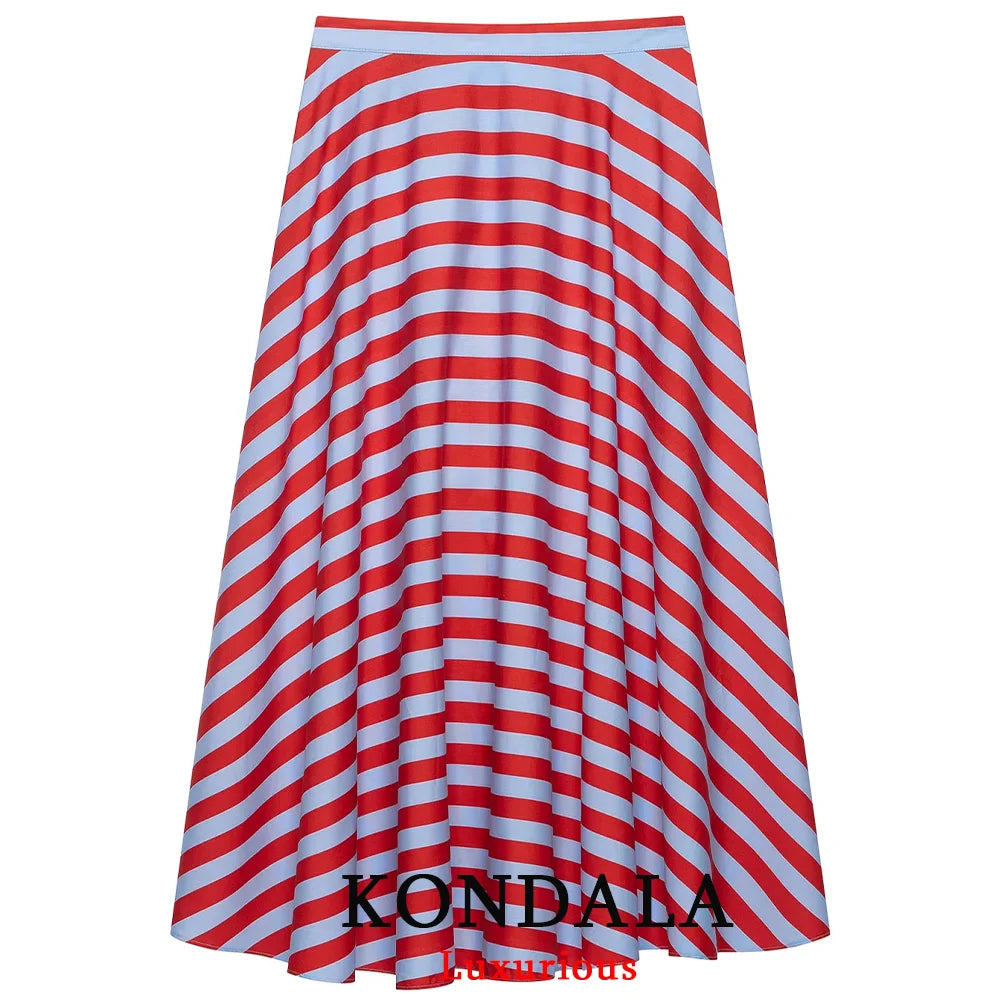 KONDALA Holiday Casual Chic Women Long Skirt Striped Zipper A-Line Draped Skirt Fashion 2026 Summer Fall Night Out Party Skirt