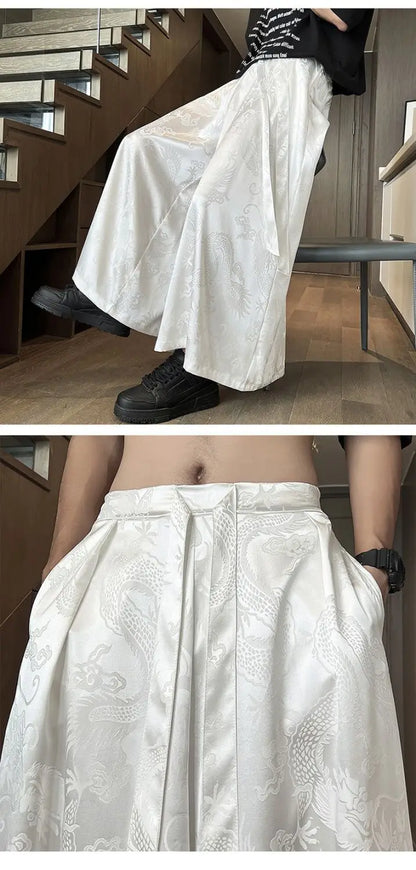 Men's Black Dragon Jacquard Wide-Leg Pants - New Chinese Style Satin Belted Trousers